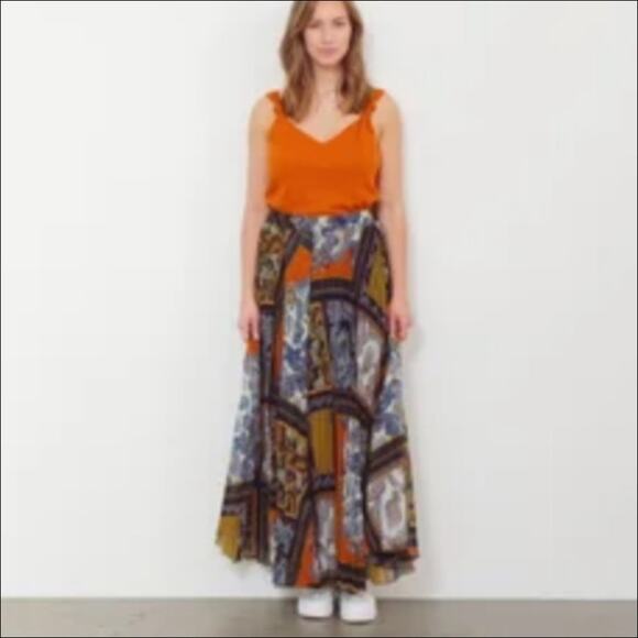H&M Patchwork Print Pleated Maxi Skirt Size Small Blue, Orange, Yellow - Picture 9 of 9
